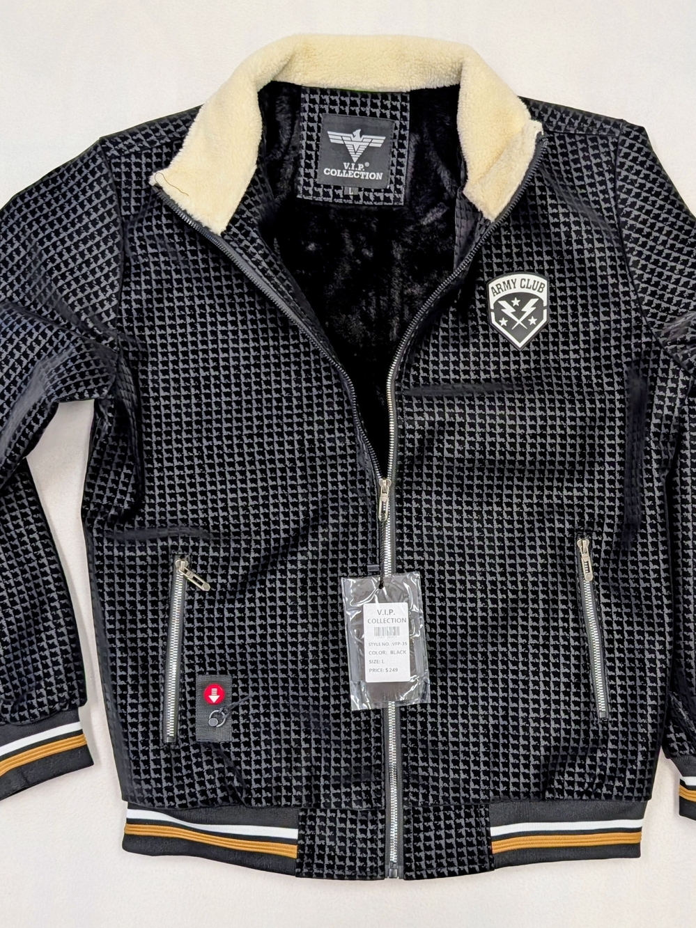 VIP Collection Mens Black Velvet Sherpa Lined Zip Jacket Army Club L NWT